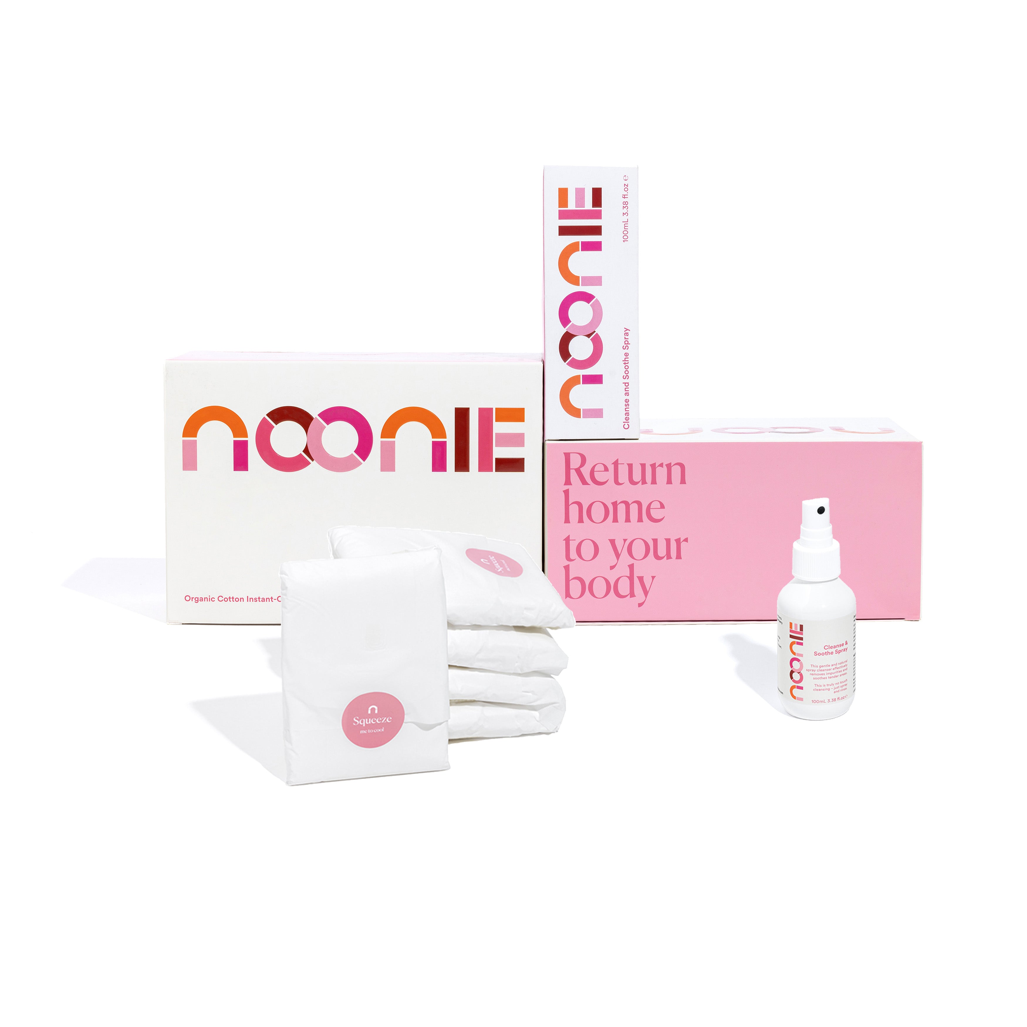 Noonie Postpartum Recovery Kit with 2 packs of Instant-Cooling Maternity Padsicles and 1 Cleanse and Soothe Perineal Spray with Packagings